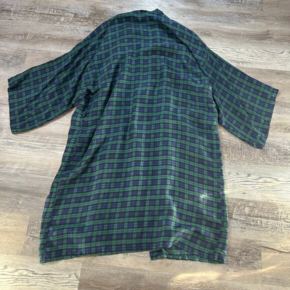 Addiction Kimono Robe 100% Silk Green Navy Plaid Open Front Duster Jacket - Picture 3 of 6